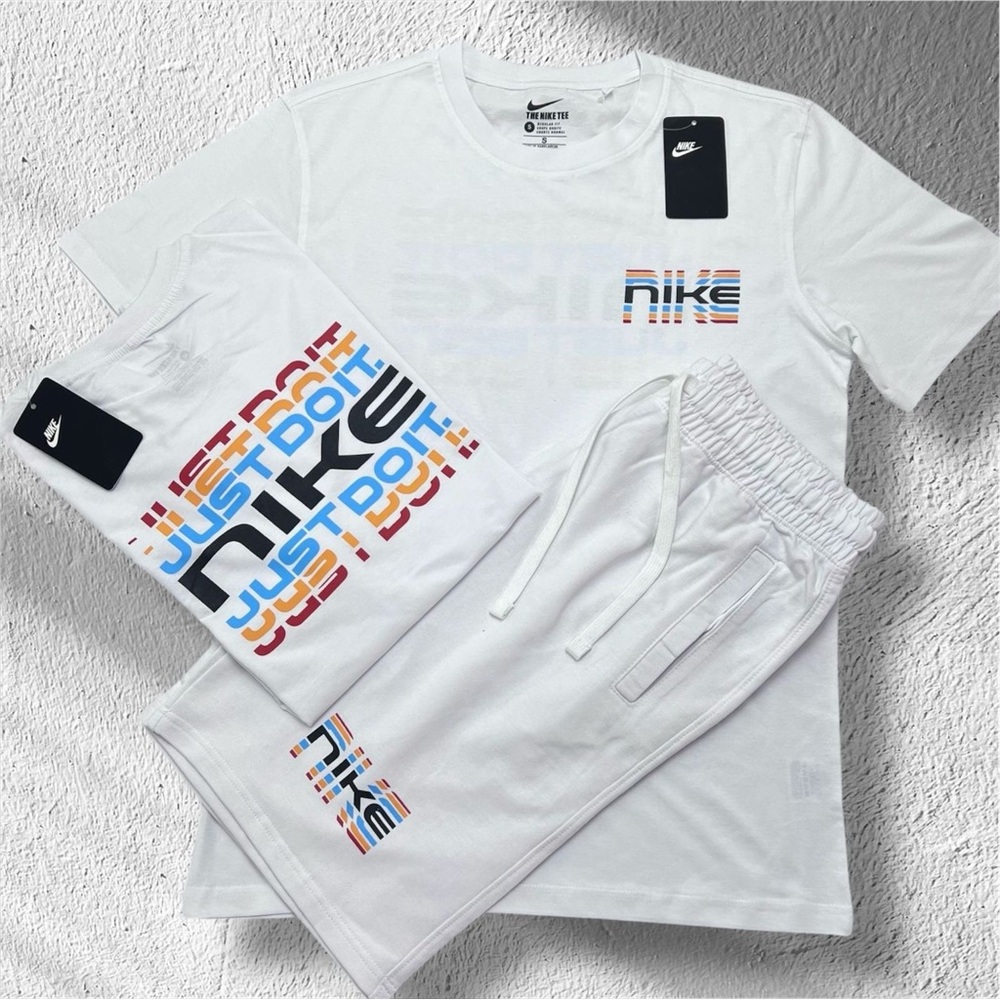 Nike White Tee and Shorts Set with Multicolor Striped Logo